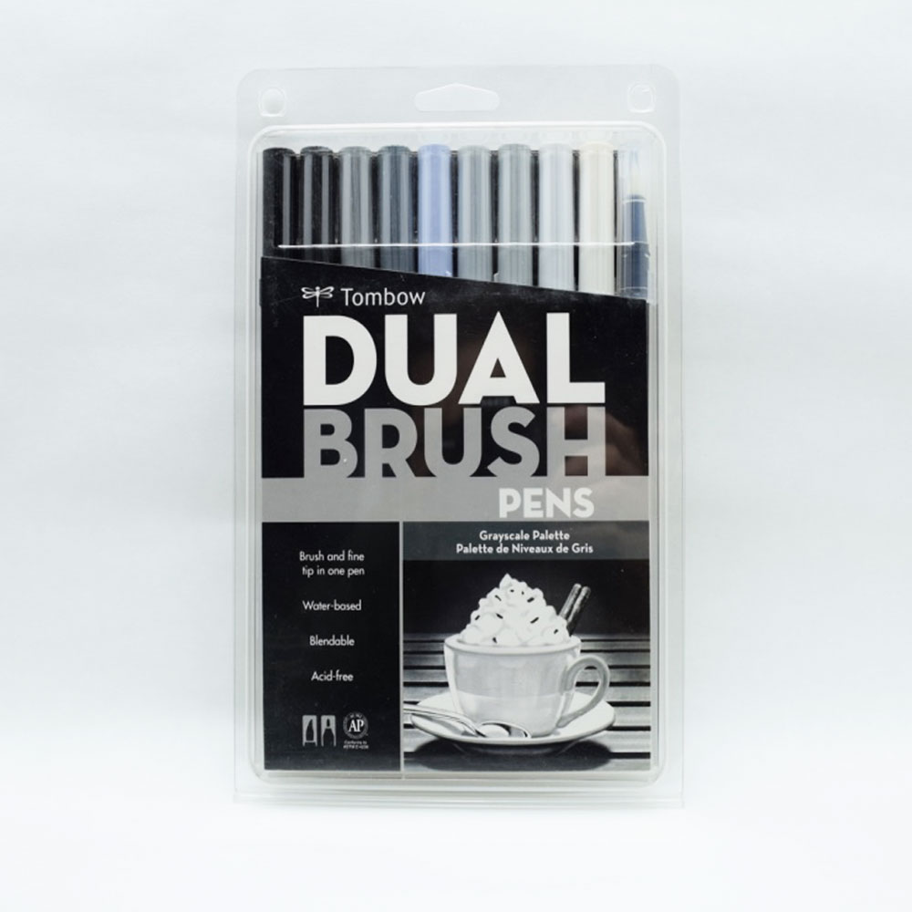 Tombow Dual Brush Pen 10-Pack Set - Grayscale